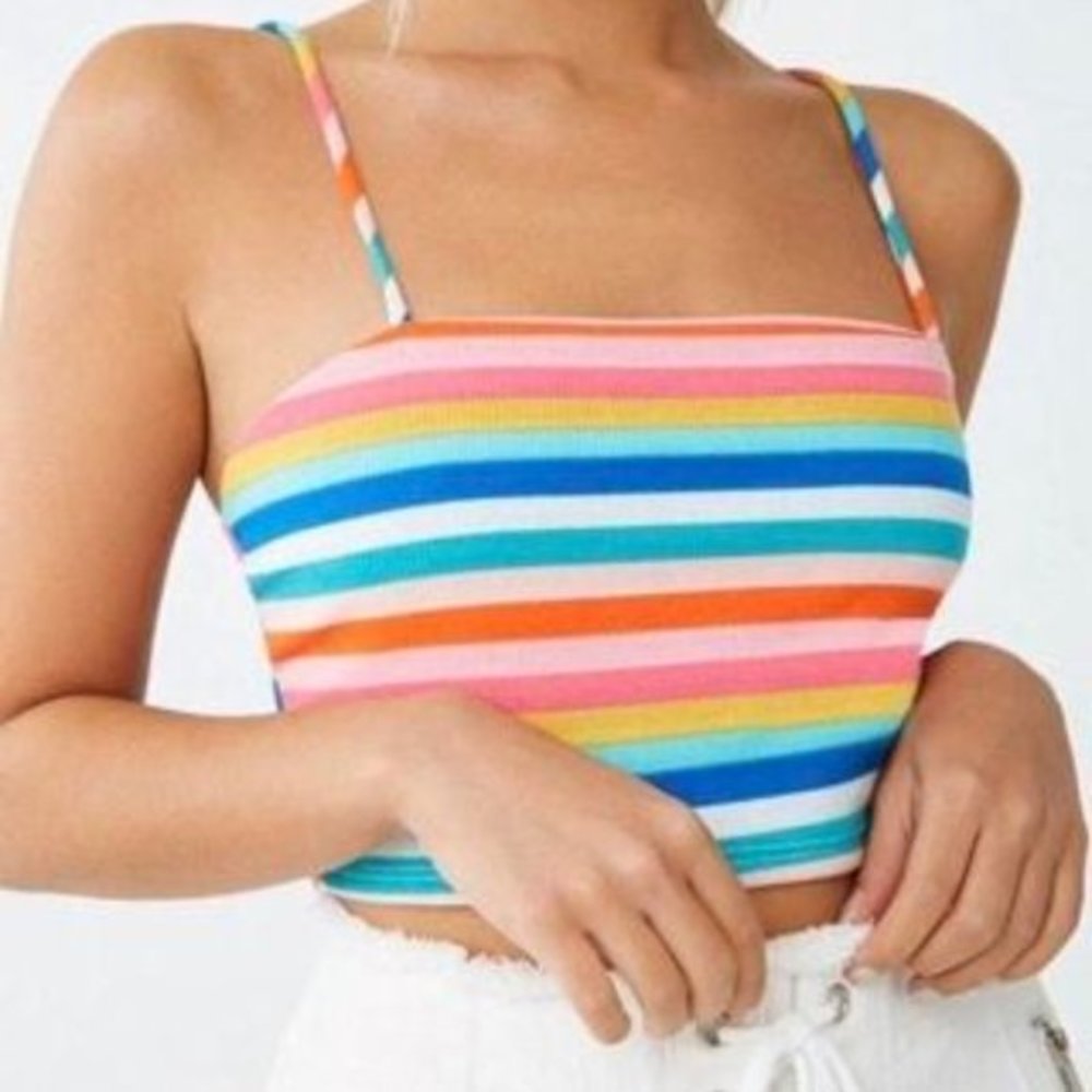 Rainbow striped ribbed cropped tank top M